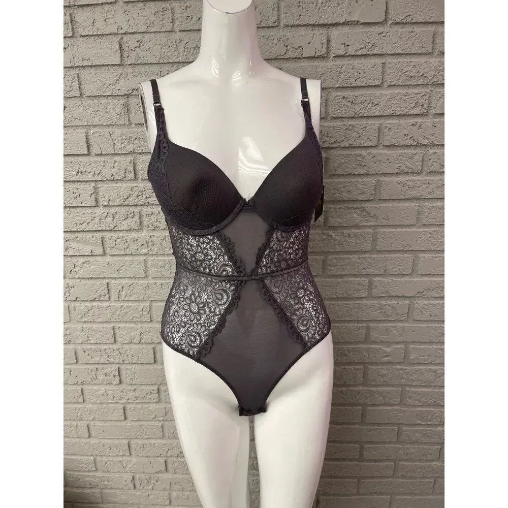 Just Sexy Women Gray Lace Cut-Out Back Lingerie Teddy / Bodysuit Size M NWT